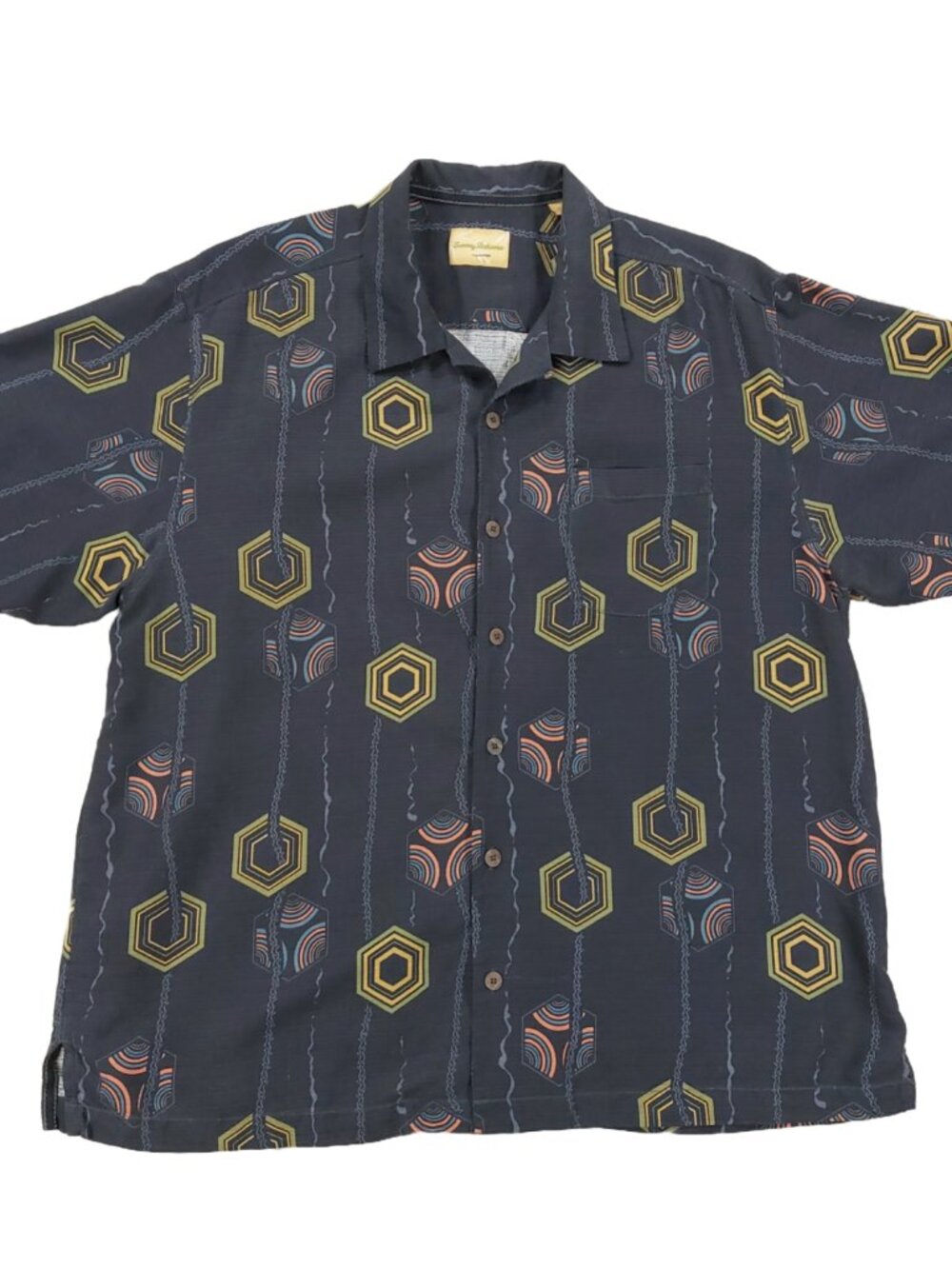 Tommy Bahama Silk Hawaiian Aloha Shirt XL, Camp Collar, Geometric Pattern Black